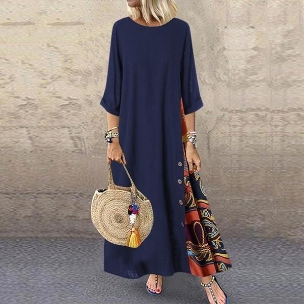 Damenmode Casual Loose Big Swing Halbarm Langes Kleid Floral Holiday Maxikleid Plus Size Vestidos Longos Robe S navy blau