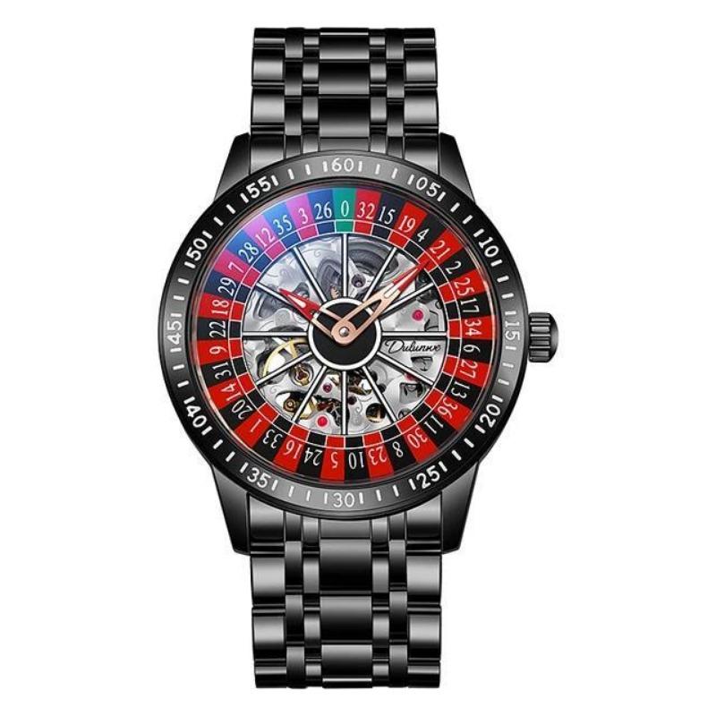 Dulunwe Swinging Rotary Dial Design Hohlskelett Uhren Business Trendy Herren Armbanduhr Roulette Rad Automatische Mechanische Uhr rot/schwarz