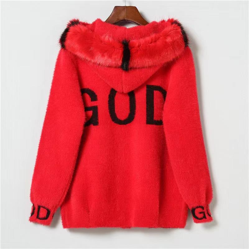 Winter Mohair Mantel Frauen Lose Beiläufige Gestrickte Pullover Mantel Mit Kapuze Damen Buchstaben Dicke Warme Lange Strickjacke M rot