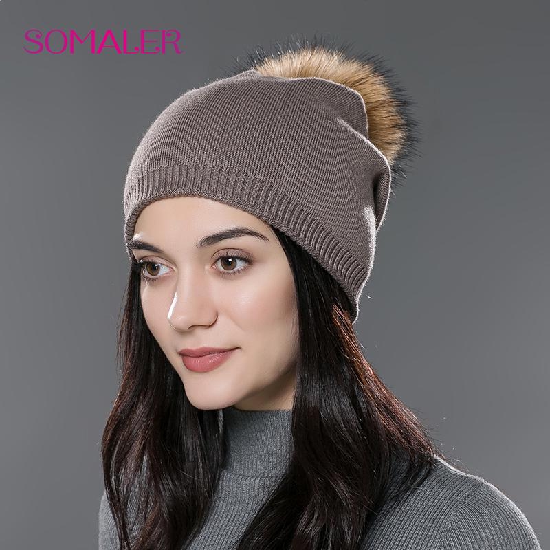 SOMALER Winter-Frauen-Echtfell-Pom-Pom-Mützen, Wolle, gestrickt, dick, warm gefüttert, Mützen, Damenmode, Bommel, Skimützen, Strickmütze natur/kamelfarben