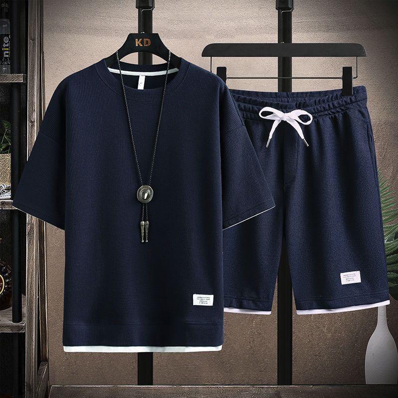 Herren Sommer Sets mit Waffelmuster, lässiges T-Shirt + Shorts Set, männlicher Sportanzug, einfarbig, Trainingsanzug, lockere Anzüge S navy blau