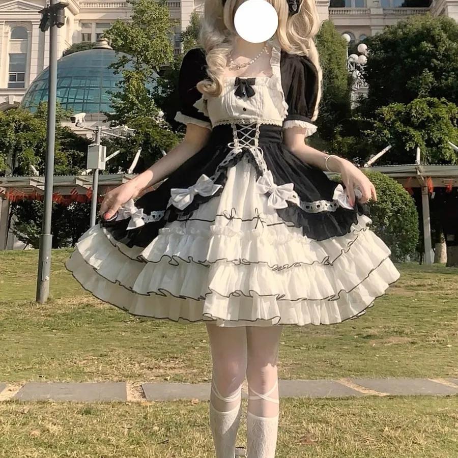 Japanisches Gothic Lolita Kleid Damen Kawaii Schleife Bär Spitze Blaues Kleid Langarm Prinzessin Kleid Halloween Kostüm Geschenk für Mädchen L schwarz
