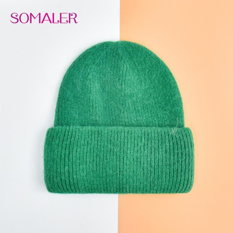 SOMALER Winter Angora Wolle Gestrickte Mütze Weich Warm Flauschig Kaninchenfell Strick Einfache Mützen für Damen dunkelgrüne