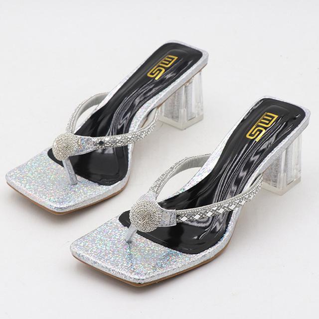 Sommer Flip Flops Gold Slides Silber Frauen 6cm High Heels Pantoletten Hausschuhe Kristall Glitter Low Heels Bling Mode Schuhe 40 silber