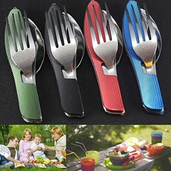 Edelstahl 4 in 1 Tragbare Outdoor Tasche Messer Gabel Löffel Diner Set Multifunktions Geschirr f grün