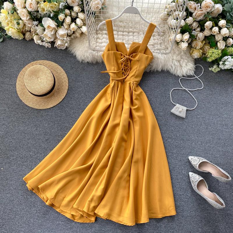 Korsettkleid, Vintage-Kleid, Ballkleid, Ballkleid, Boho-formales Kleid, Sommer-Damen-Hochzeitsgast-Cocktailkleid, elegantes Boho-Kleid M gelb
