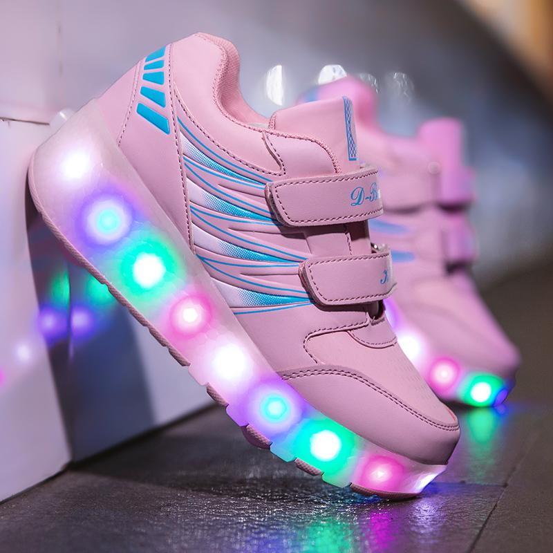 Wiederaufladbare Rollschuhe für Kinder, Doppelrollschuhe, Herren/Damen, LED-Beleuchtung, Schuhe, Turnschuhe 35 rot