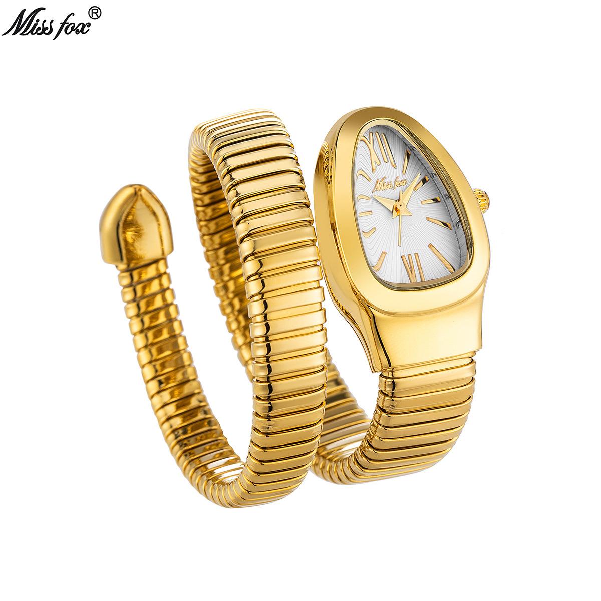 MISSFOX Klassische Schlangenform-Uhr für Damen, Gold/Silber, skalierbares Armband, Damenuhren, Quarz-Damenarmbanduhr gold/weiß