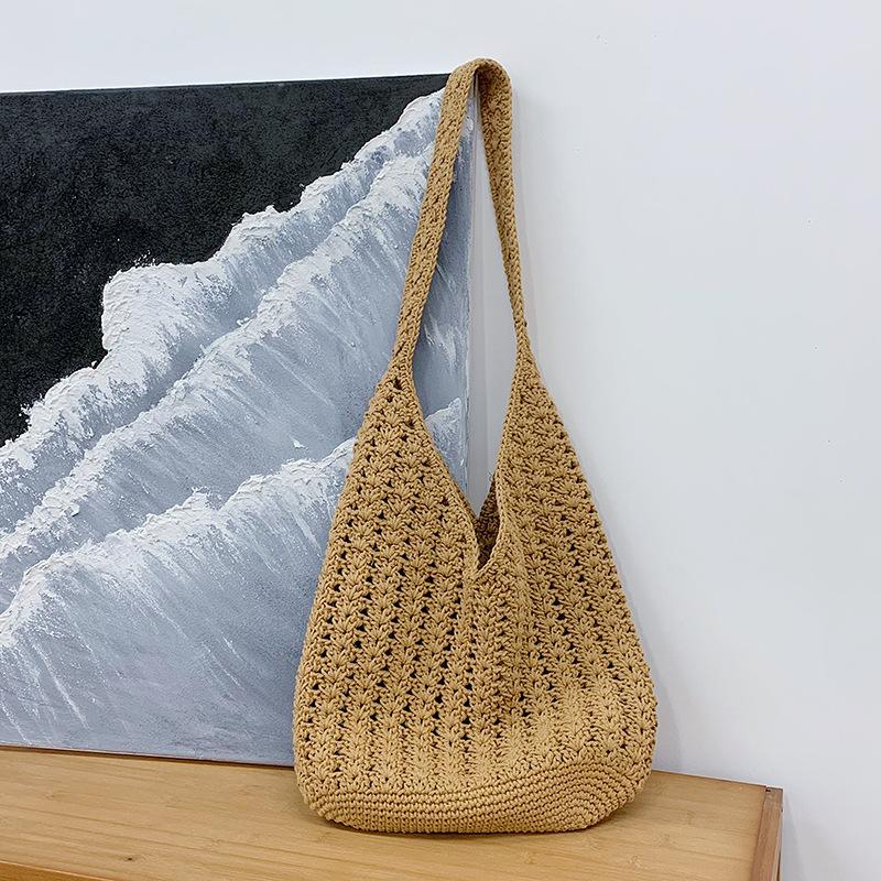 Koreanische Version Einfache Baumwollfaden-Tasche Neue vielseitige handgewebte Tasche Urlaubs-Strandtasche Nischen-Schultertasche Mode Damen-Tasche gray
