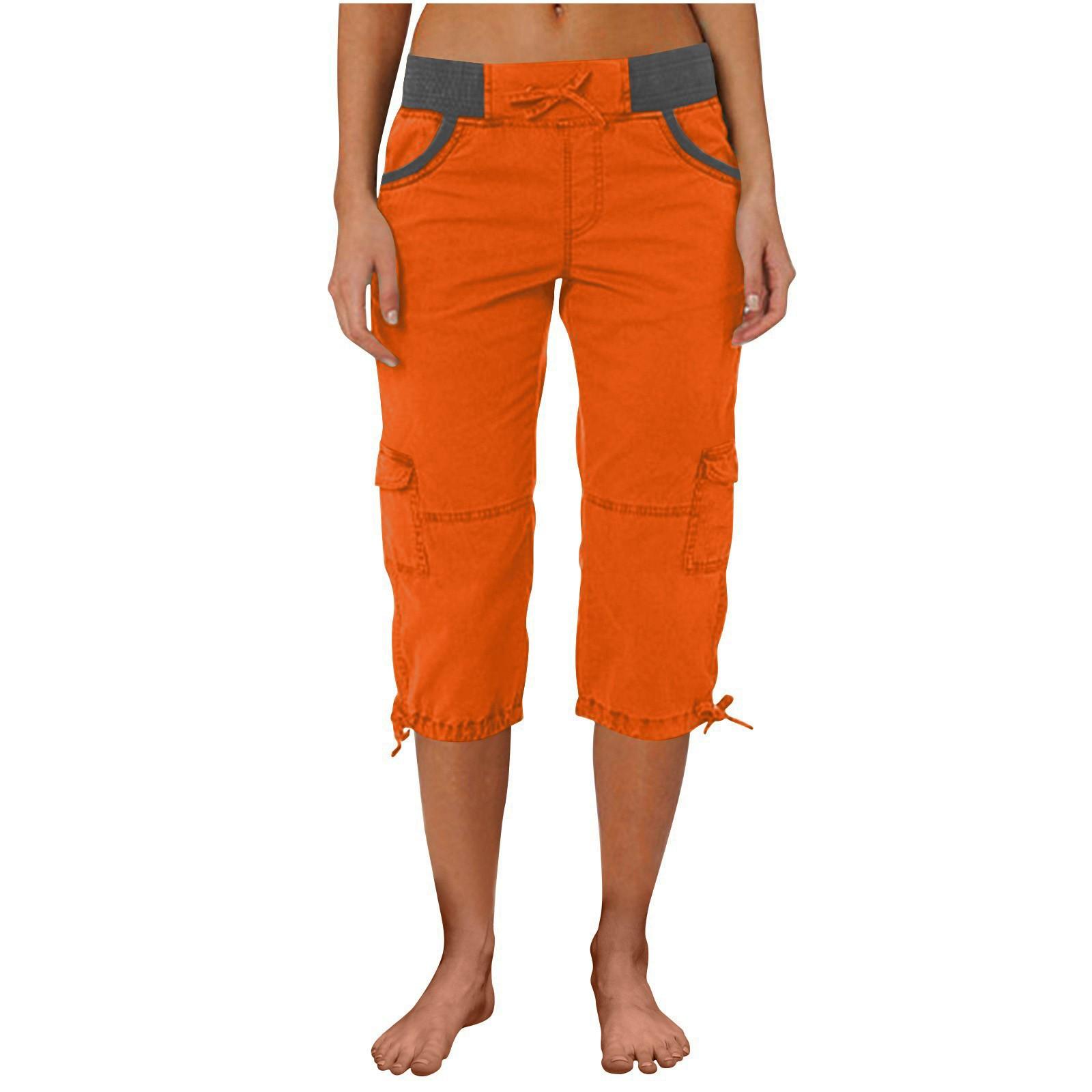 Damen Casual Color Blocking Hohe Taille Kordelzug Tasche Arbeitshose Capris M