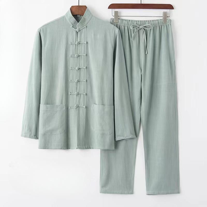 Baumwolle und Leinen Tang-Anzug Chinesischer Stil Langärmeliger Anzug Herren Chinesischer Stil Retro Locker Hanfu Tai Chi Oberteil Zen-Kleidung Freizeitkleidung S hellgrüne