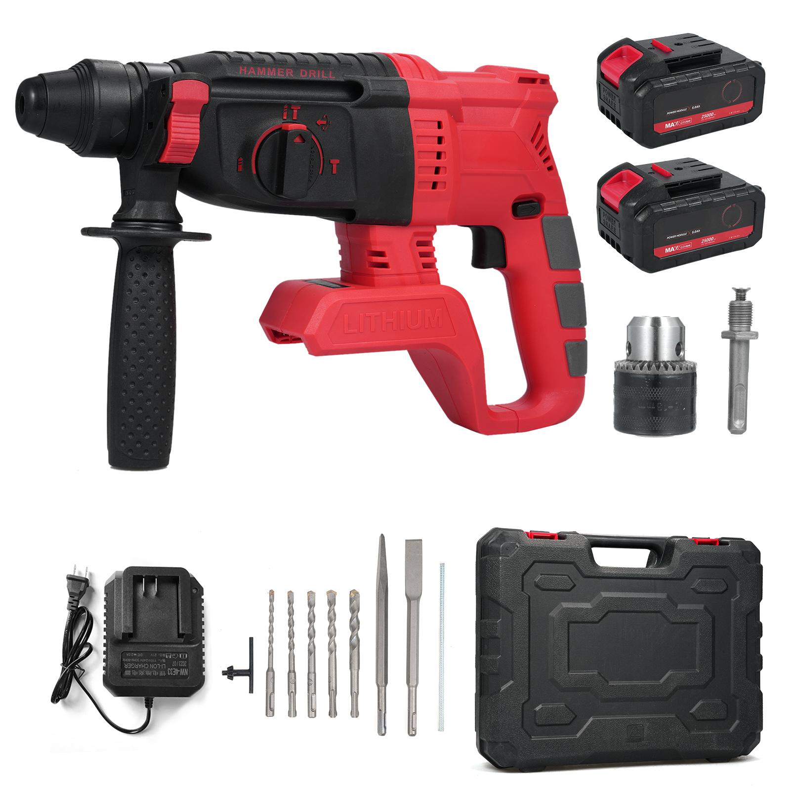 Bürstenloser Bohrhammer Bohrhammer 3 Modi Wahlschalter Variable Geschwindigkeit 360 Grad Verstellbarer Griff US Plug & 2 Battery