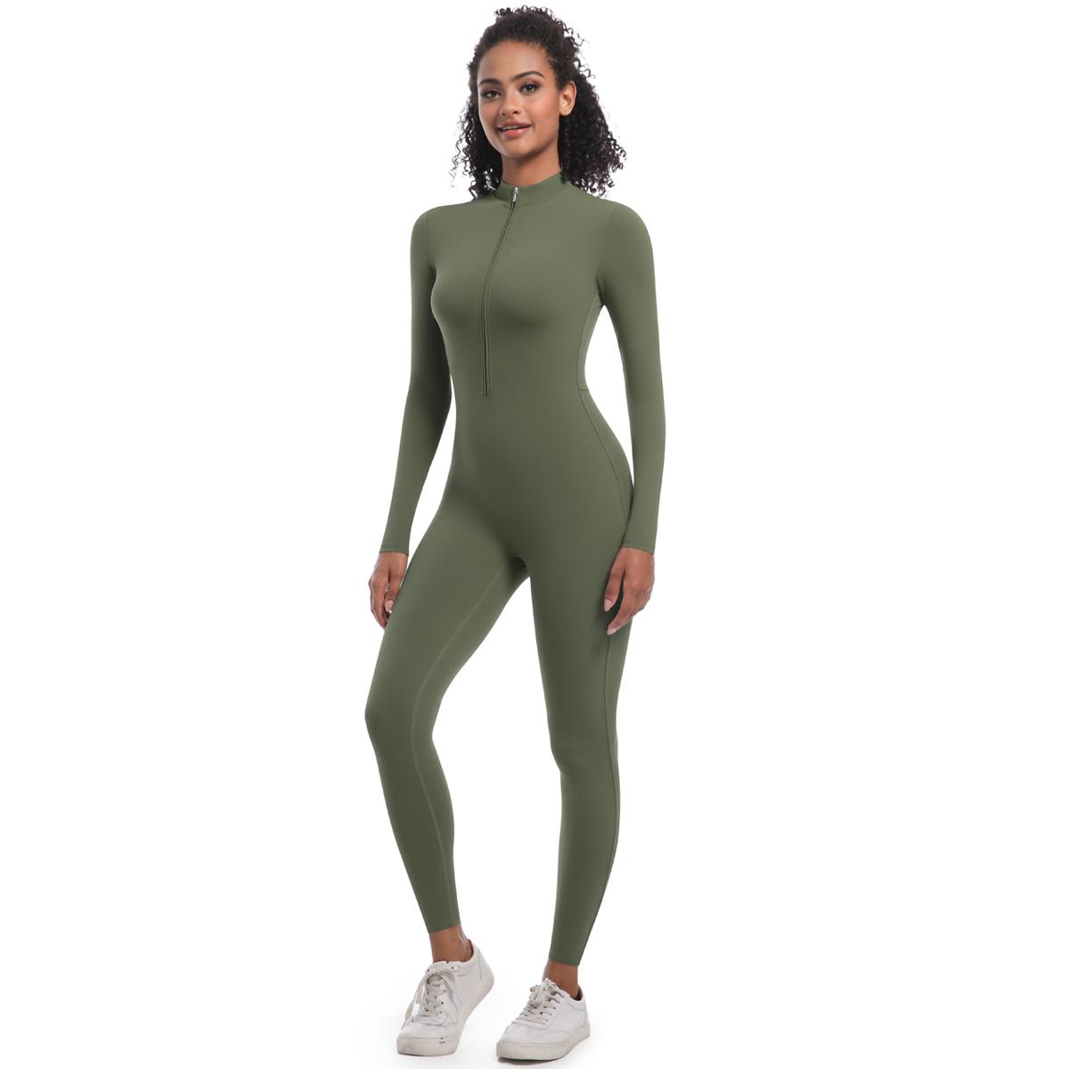 Nessaj Reißverschluss Fitness Jumpsuit Body Training Yoga Jumpsuit Damen Gym Tanz Einteiler Sexy Push Up Sportanzug M grün