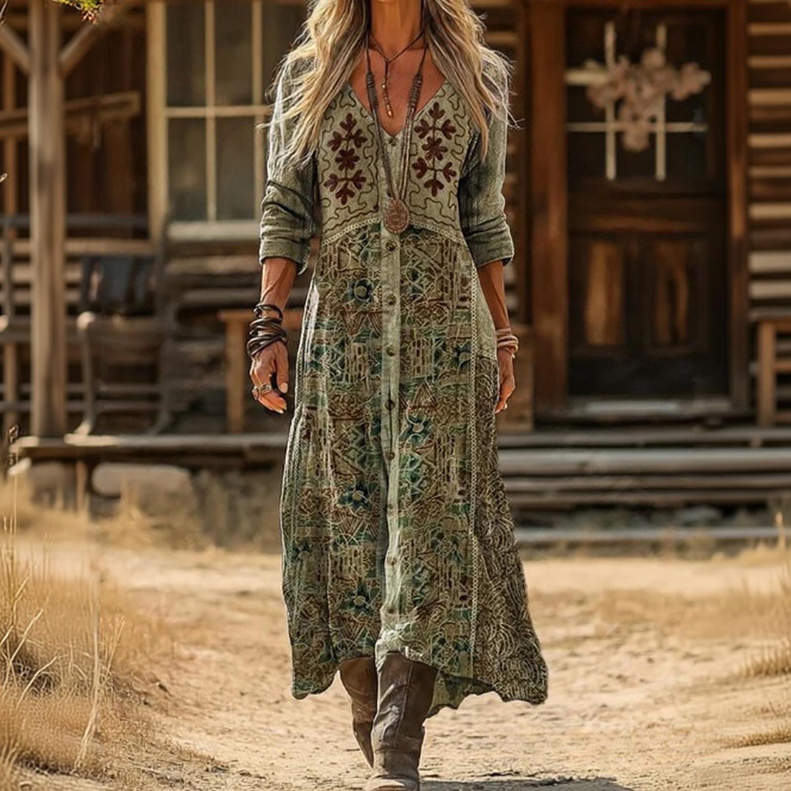 Damen Vintage Ethno Blumenmuster Langarmkleid Bohemian Urlaubs Strand Maxikleid mit V-Ausschnitt und Lockerer Passform XL armee grüne