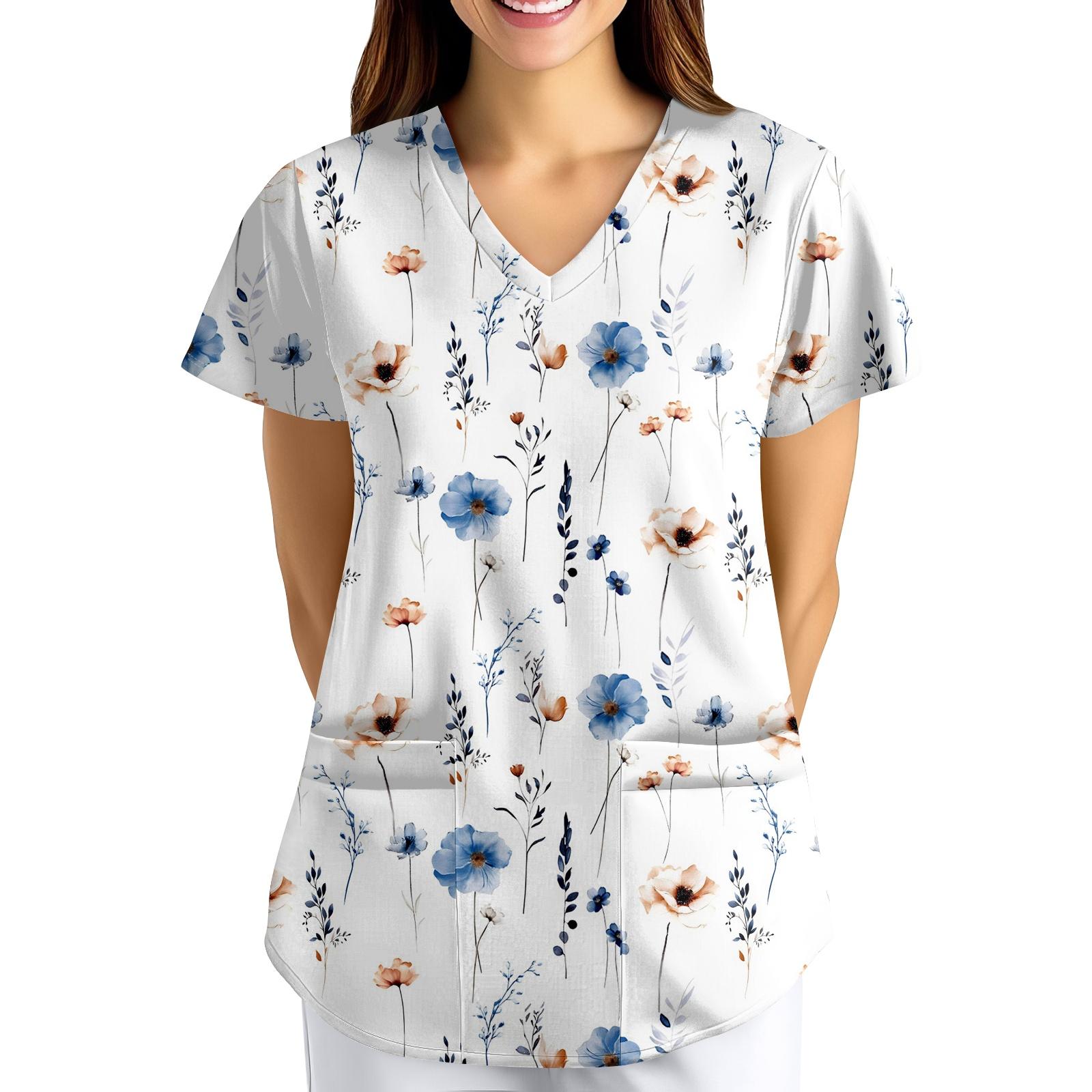 ÜbergrößeBedruckte Kasack Arbeitsuniform Oberteile für Damen V-Ausschnitt mit Überkreuzung Print Kurzarm Lustige T-Shirts Arbeitskleidung T-Shirt mit Taschen XXXL
