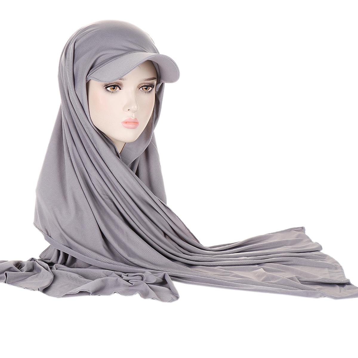 13 Farben neuer Damenmode-Schal aus Baumwolle, Baseballkappe, integrierter Schal, Mütze, muslimischer Hijab hellgrau