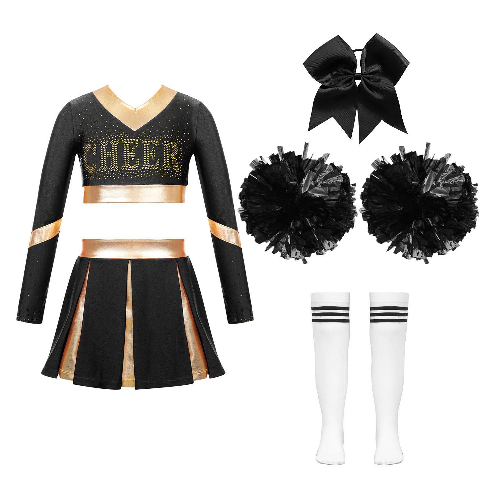 Mädchen Halloween Kostüm Kinder Cheerleading Uniform mit Pompoms Crop Top Faltenrock Karneval Fasching Party 13-14 Years weiß/schwarz