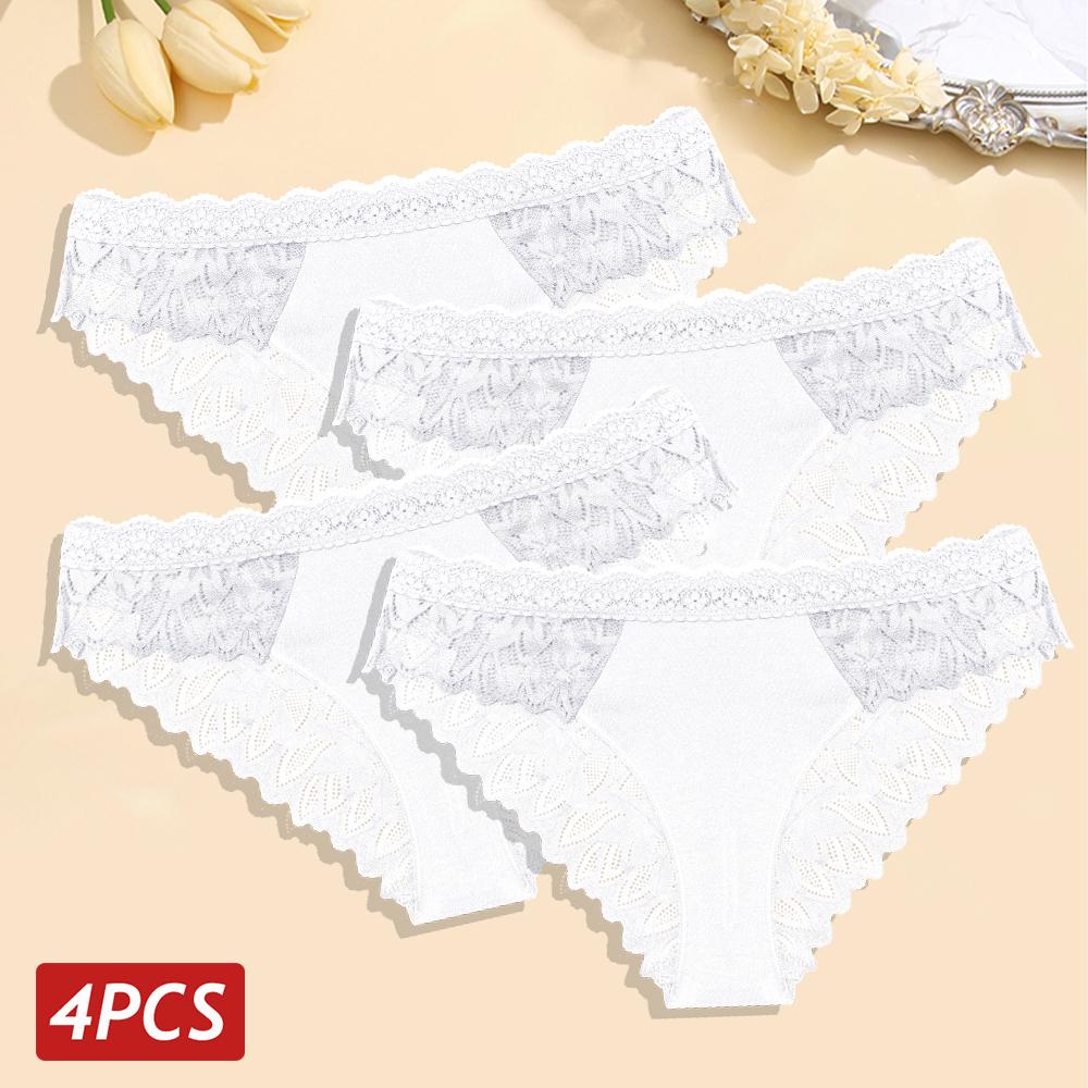 FINETOO 4 Stück/Set Sexy Blumenspitze Slips Damen Atmungsaktive Slips Transparent Niedrige Taille Sexy Dessous Damen Weiche Unifarbene Unterwäsche XL&4pcs