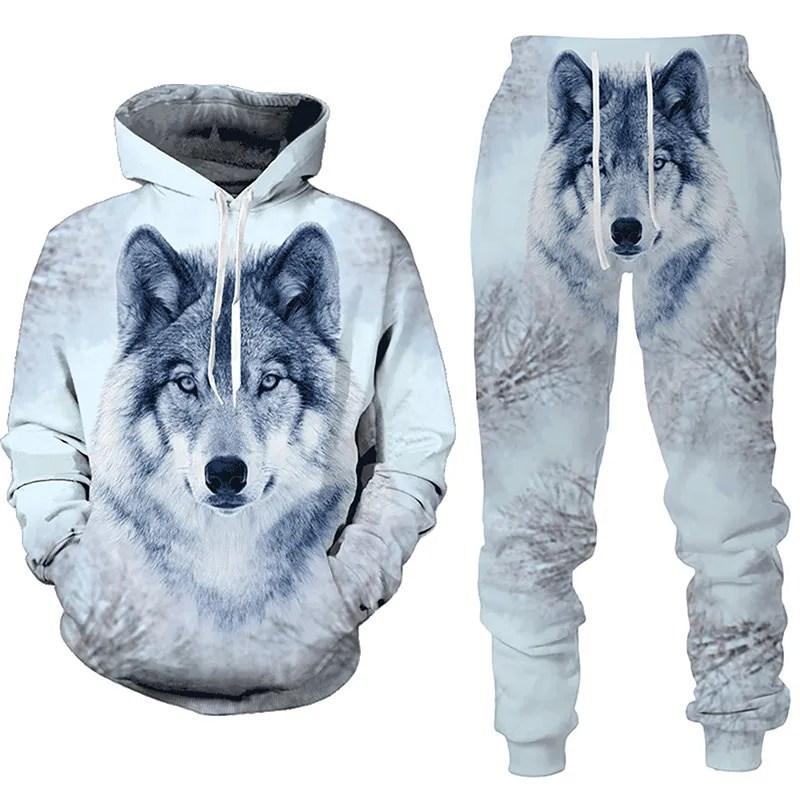 Mode Wolf Hoodie 3D gedruckt Hoodie Anzug männlich Herbst Winter lässig mit Kapuze Sweatshirt Jogginghose Trainingsanzüge 2pc Set Sport Anzug L