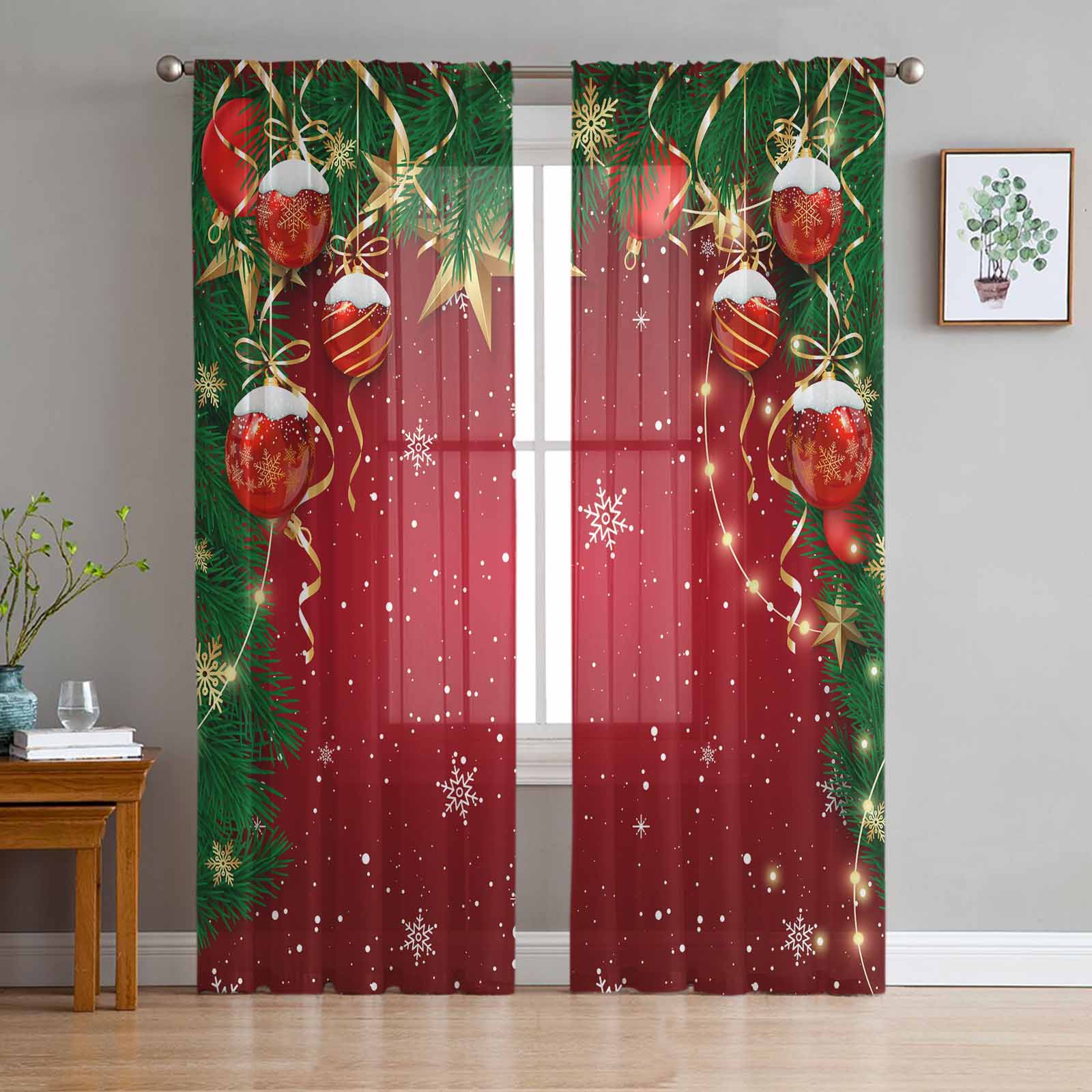 Weihnachts-Schneeszene Schneeflocken Wichtel Rosa Transparente Vorhänge Wohnzimmer Dekoration Fenster Vorhänge Küche Tüll Voile Vorhänge W135 x H115cm x1&Grommet Top black