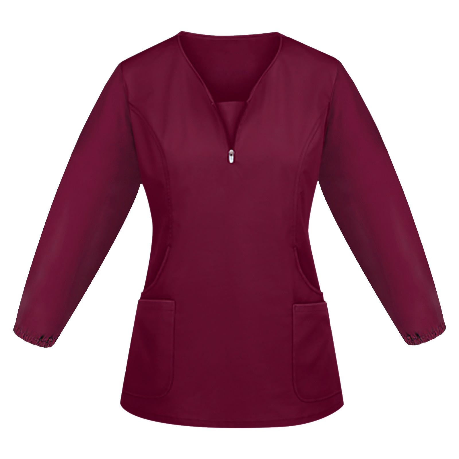 Hochwertige Unisex-Krankenhaus-Arbeitskleidung mit langen Ärmeln, Stretch-Peeling-Top, Krankenschwesteruniform mit V-Ausschnitt und Tasche S wein rot