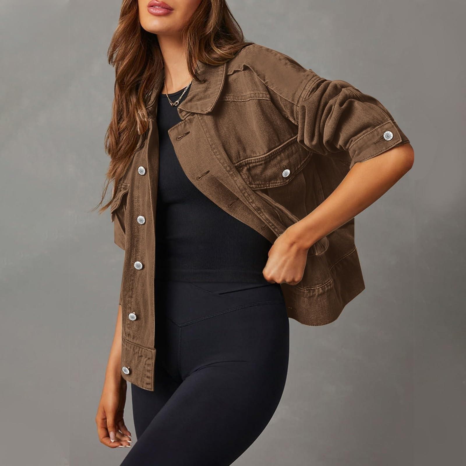 Damen Stretch-Jeansjacke Langarm-Jeansjacke Trucker-Jacke mit Tasche XL braun