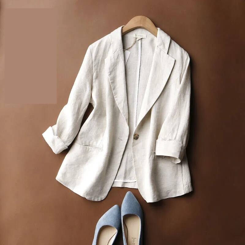 Anzug Sakko Dünne Baumwolle und Leinen Frühling und Sommer Koreanische Mode Retro Einfach Locker Große Größe Freizeit Kleiner Anzug XL beige