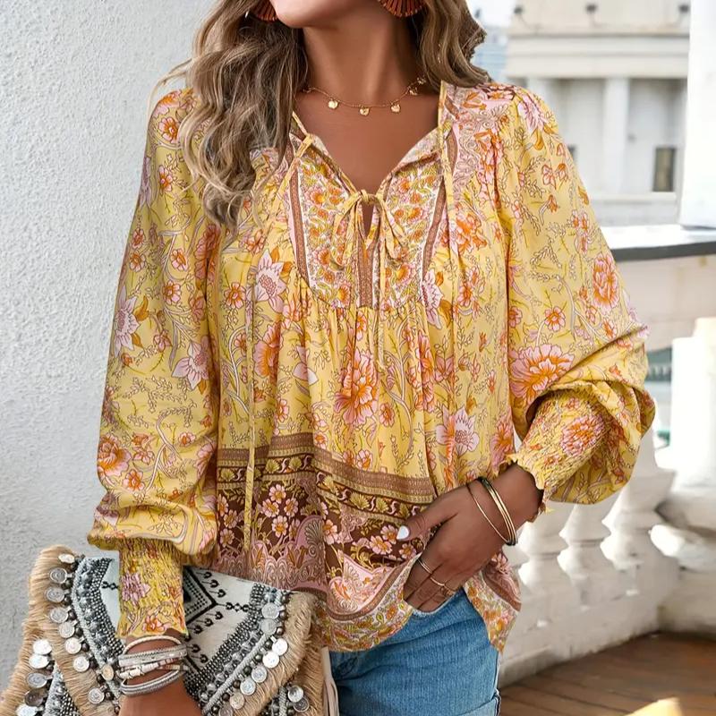 Bluse mit V-Ausschnitt und Blumendruck, lässige Bluse mit V-Ausschnitt und Blumendruck, lange Ärmel mit Kordelzug für Frühling und Herbst – Damenbekleidung XXL gelb