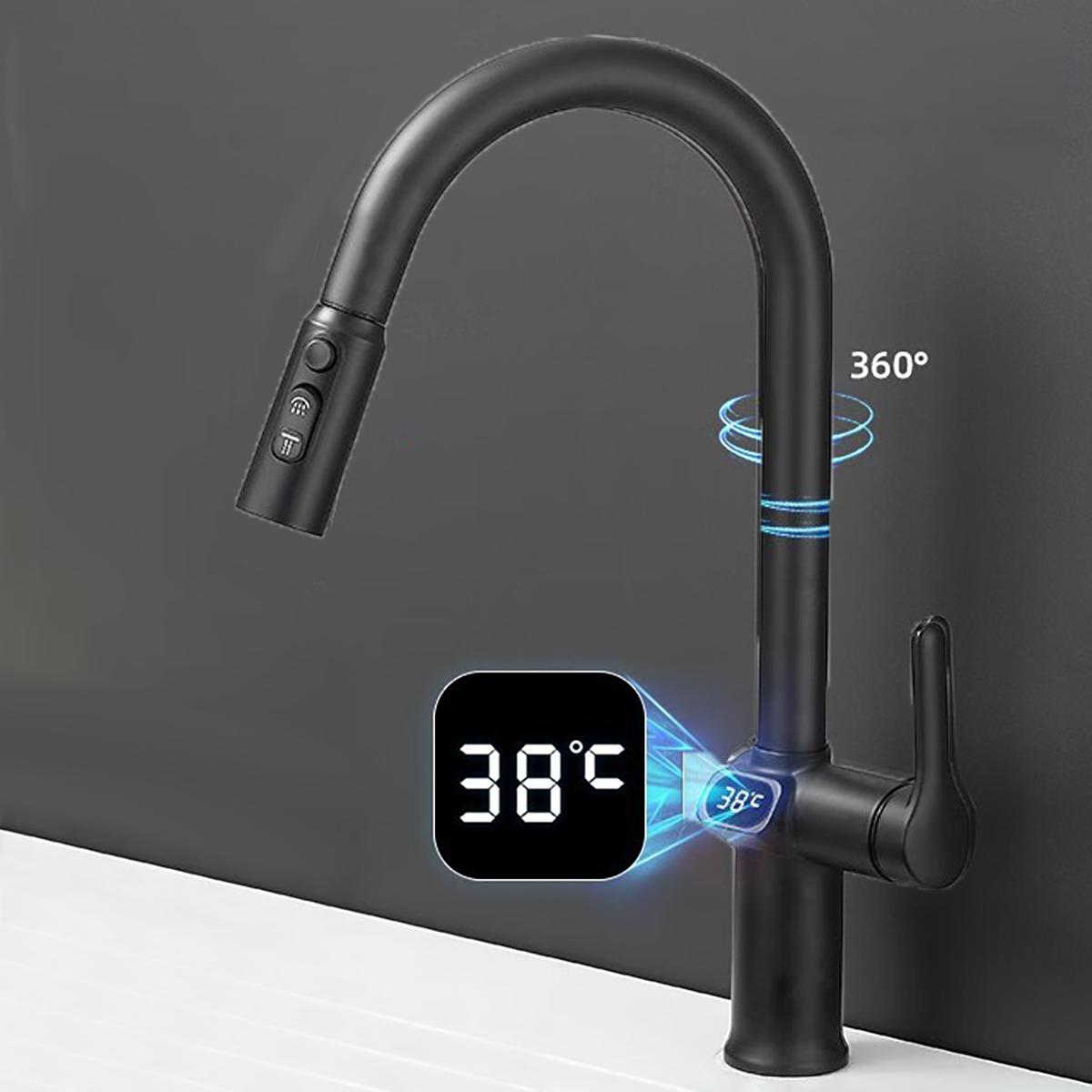 Küchenarmatur Temperatur Wasserhahn Küche Herausziehbare Küchenspüle Wasserhahn Digitalanzeigefunktion Drehbare Küchenarmaturen schwarz