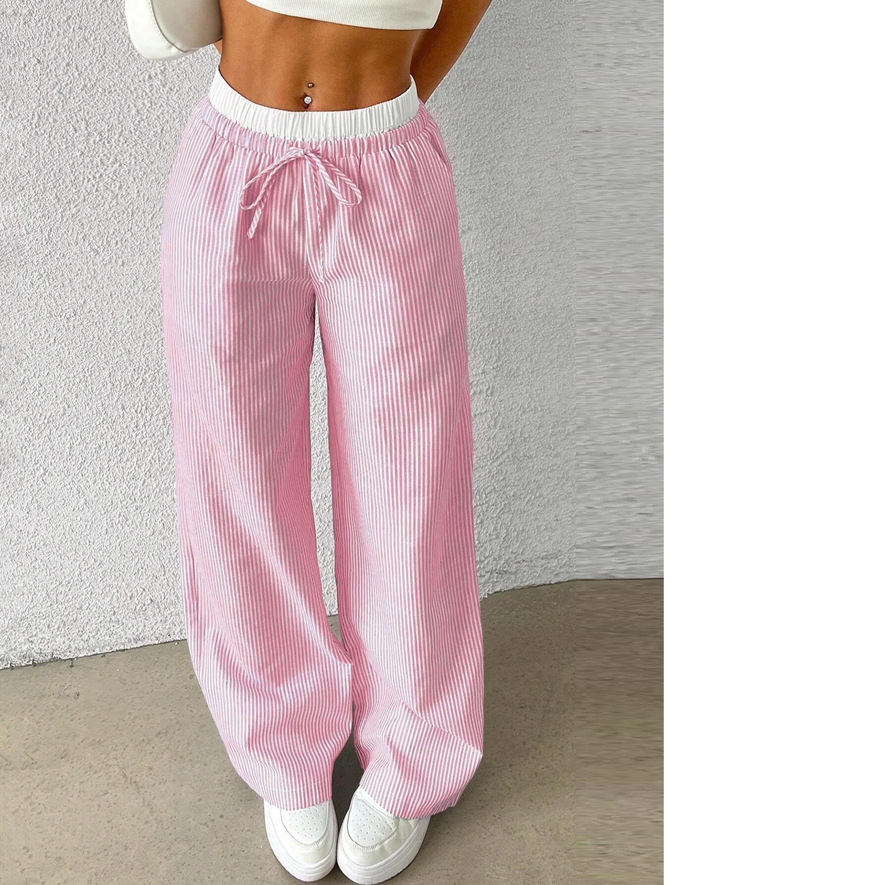 Sommer Damen Lässige Gestreifte Damen Weite Hosen Lässige Stilvolle Länge Hosen Gestreift Kariert Color-blocking Locker Weite Hosen Lässige Hosen XL rosa