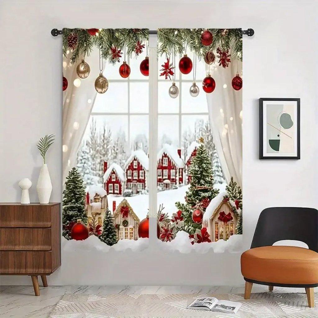 2 Stück Rote Weihnachtsmuster Fenstergardinen für Wohnzimmer Festliche Weihnachtskugeln Gardinen für Ihre Heimdekoration 2x50W130H(CM)40x51in&Rod Pocket
