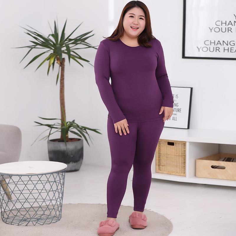 2 stücke Warme O Hals Einfarbig Thermo-Unterwäsche Hohe Qualität Plus Größe Lange Unterhosen Frauen Geformte Sets M-10XL 5XL dunkelviolette
