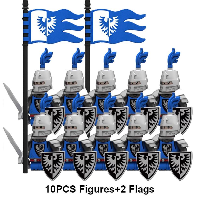 Europäische mittelalterliche Militärritter Soldaten Figuren Bausteine Kreuzfahrer Flaggen Waffen Schild Schwert Helm Montage Spielzeug