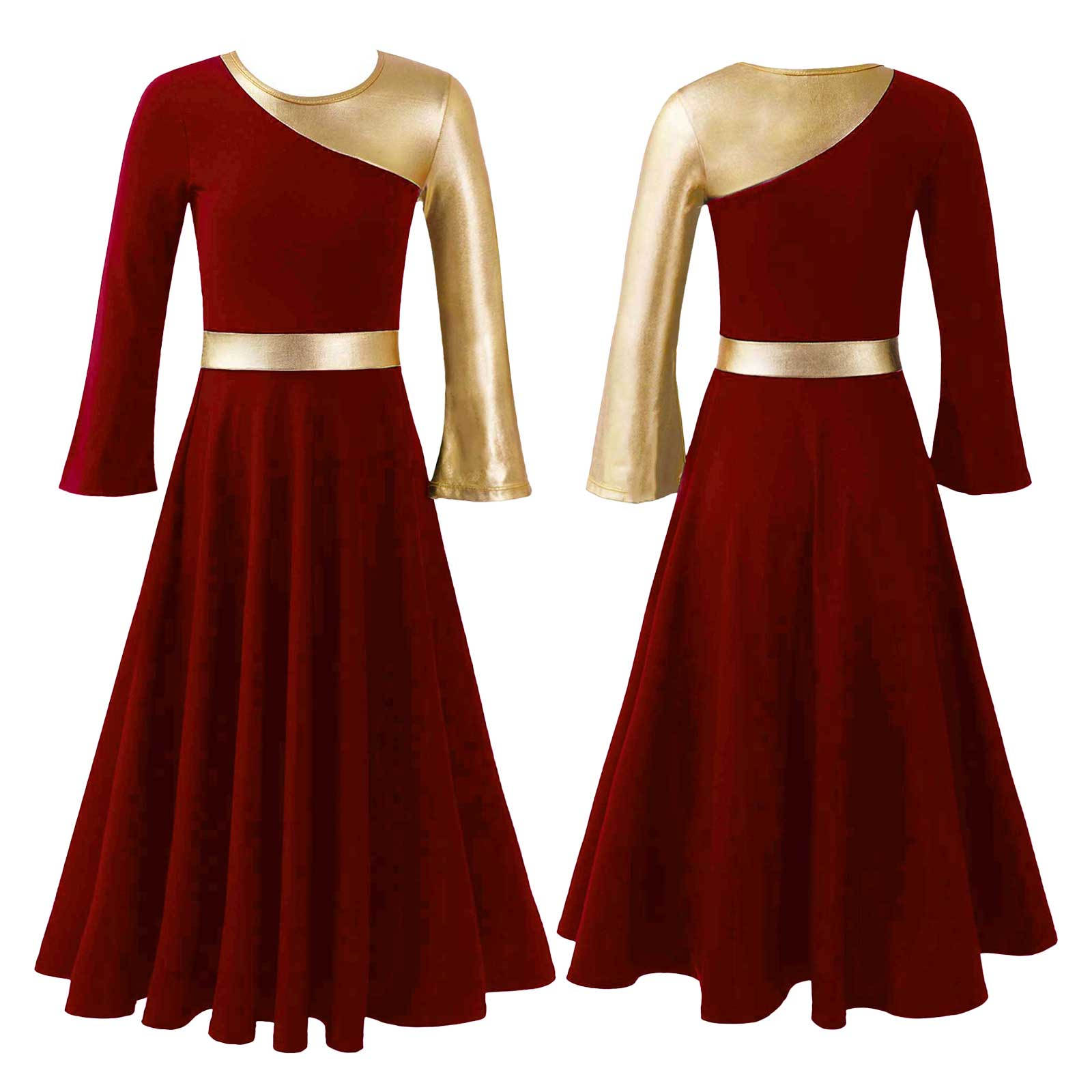 Kinder Mädchen Liturgisches Lobpreis-Tanzkleid Bell-Bottom Langarm Lyrische Kleider Anbetungskostüm Kirche 11-12 Years rot