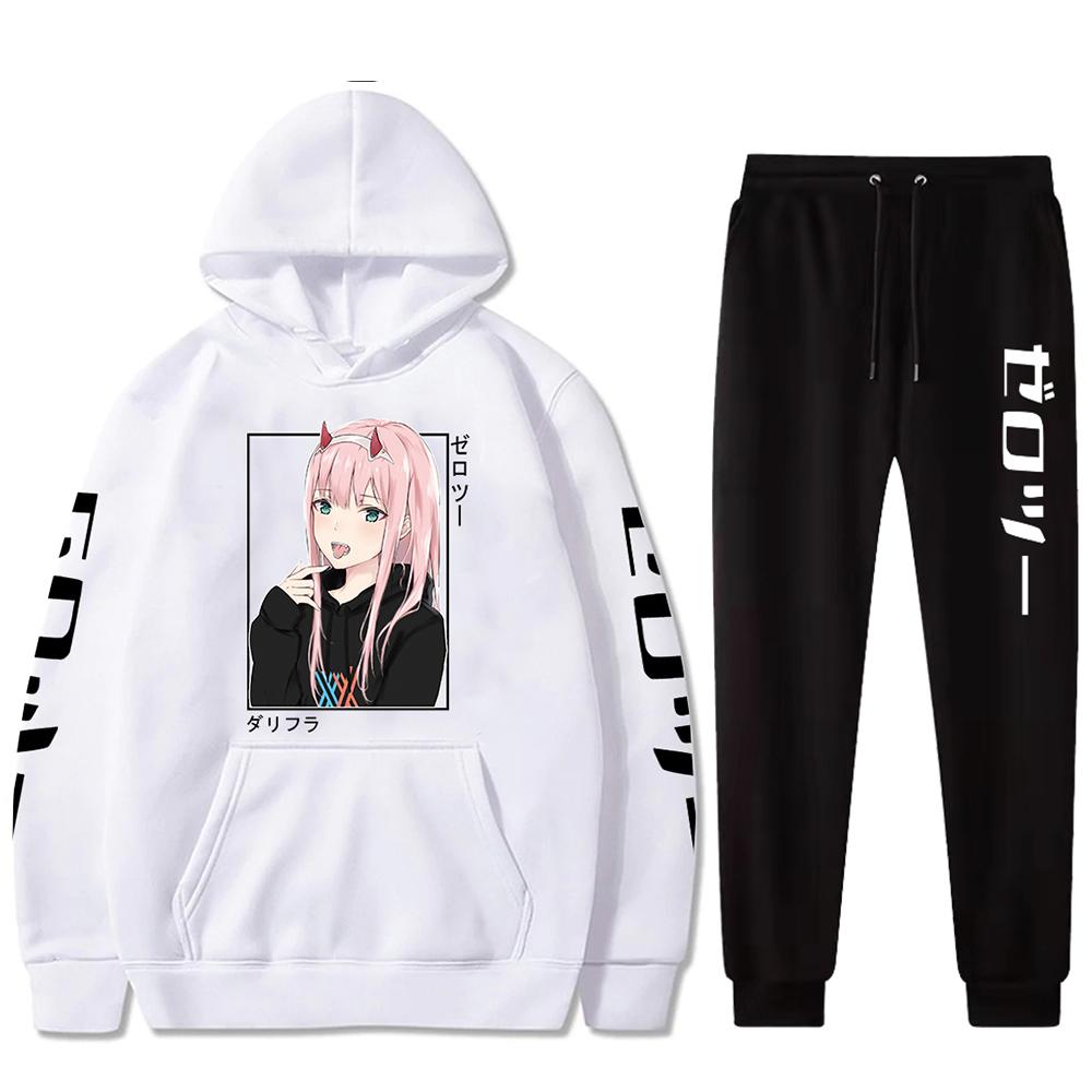 Neue Mode Set Kawaii Anime Darling In The Franxx Männer Frauen Unisex Hoodies Sweatshirts Zero Two Hoodie Hosen Harajuku Jogging anzüge L weiß