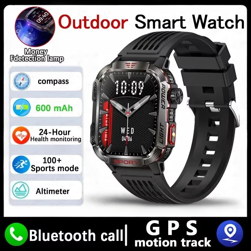 2025 Neue Militär-GPS-Smartwatch Herren Taschenlampe Kompass Wasserdicht Outdoor-Sport-Tracker Bluetooth-Anruf Smartwatch Black silicone belt