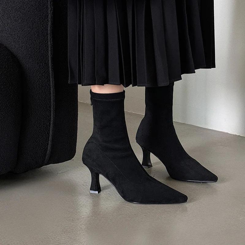 Frühling und Herbst Damen Pendler High Heels Bare Boots Bequeme Wildlederstiefel Spitz Stiletto Heels Elastische Socken Stiefel 35 schwarz
