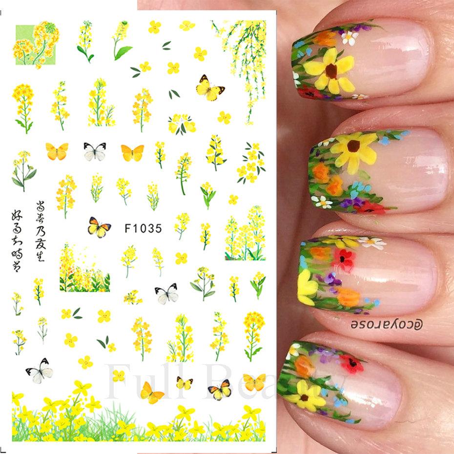 3D Nagelsticker mit Blumen und lila Blüten, Blumen und Schmetterlinge, Sommer-Nagelkunst-Aufkleber, Dekorationen, selbstklebende Slider-Tattoos, Maniküre F1035