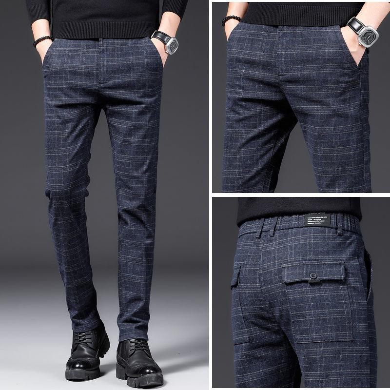 Herbst Und Winter Männer Casual Hosen Slim Fit Stretch Füße Männer Koreanischen Stil Hosen Plaid Plus Größe Casual Lange Hosen 36 navy blau