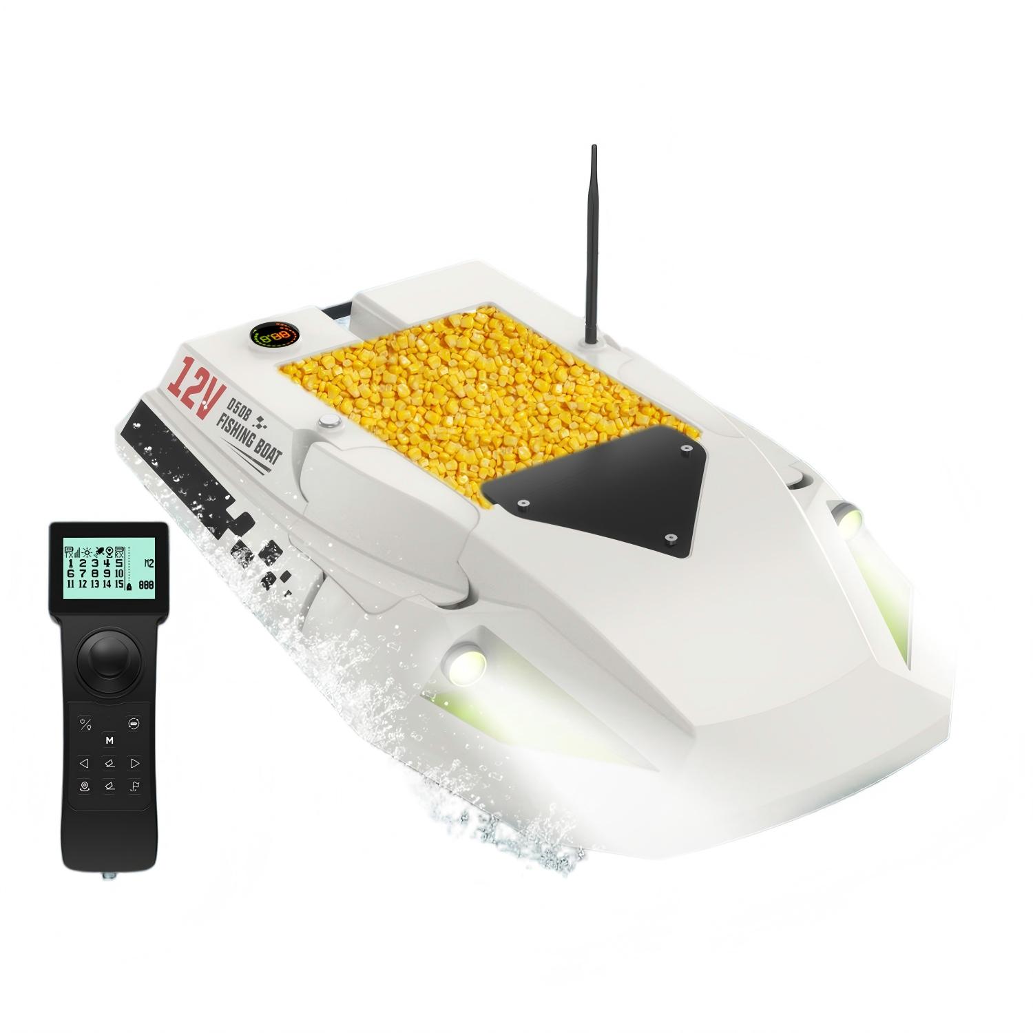 GPS Futterboot LOKEEVAN D50B 590 Bürstenmotor Dual 15600mAh Akku 2kg Traglast 500M Fernbedienung Nachtlicht weiß