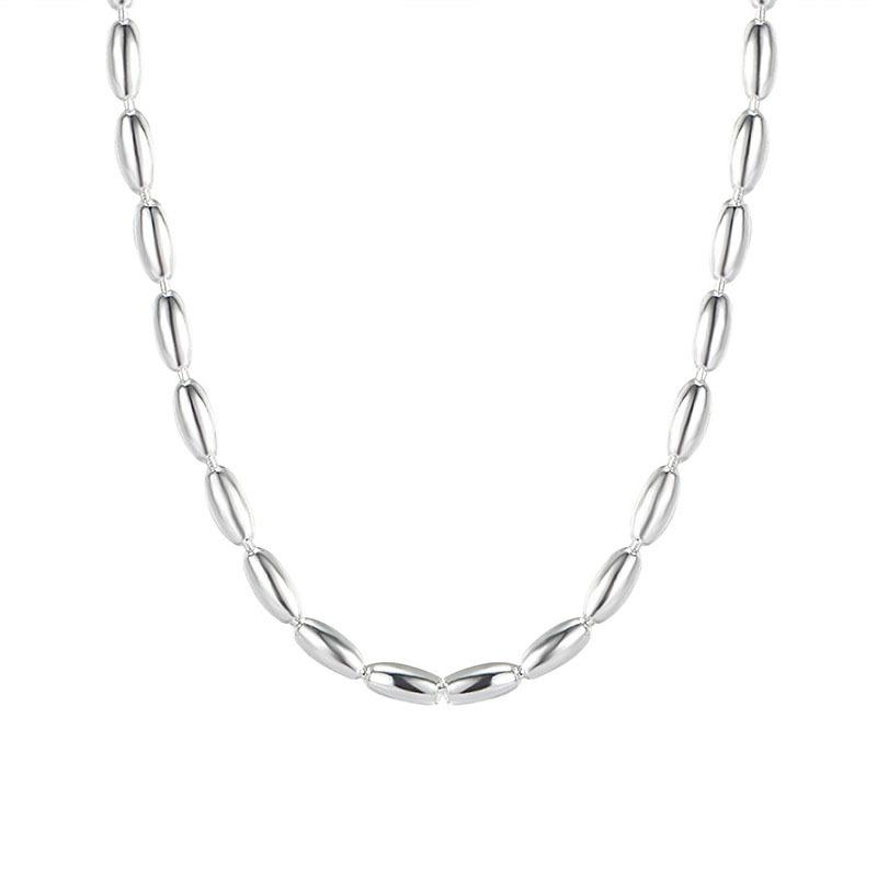 Halskette aus Reiskorn-Olivenperlen aus S925 Sterlingsilber mit schlichter Kette, minimalistisches Instagram für Damen, hervorragende mehrlagige, hochwertige Halskette mit runden Perlen 40CM white
