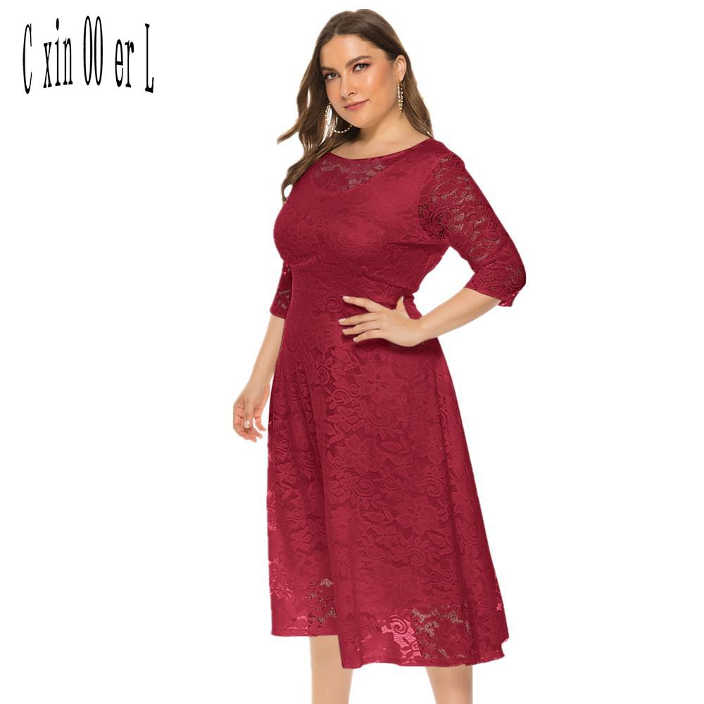 Plus Größe Xl-6xl Neue Mode Beliebte Abendkleid Mittlerer Länge Hohle Spitze Frauen Kleider Rot Weiß Schwarz Blau Grün Kleidung XXXL rot