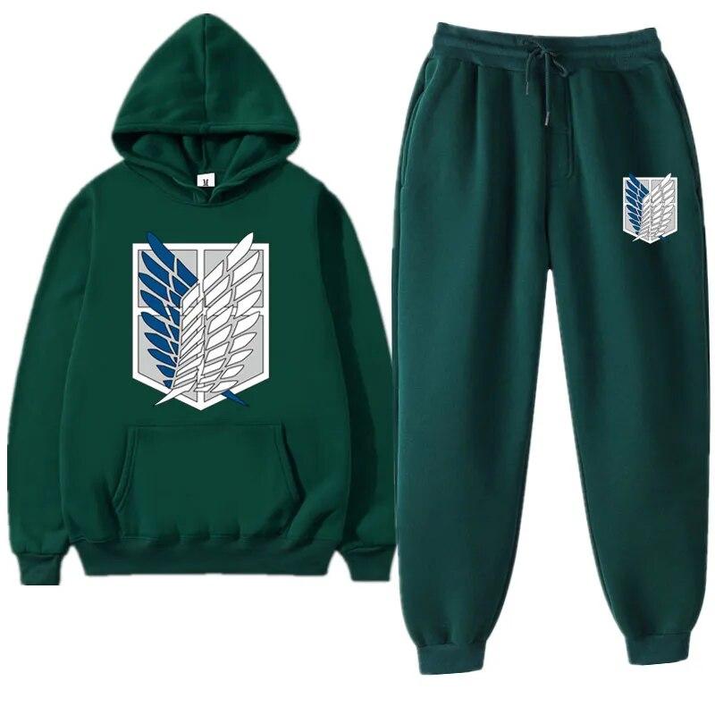 Anime Attack On Titan Levi Grüner Winter-Trainingsanzug, 2-teiliges Set, Kapuzenpullover und Hosen, Sportbekleidung, Anzug mit Kapuze, Trainingsanzug für Damen M