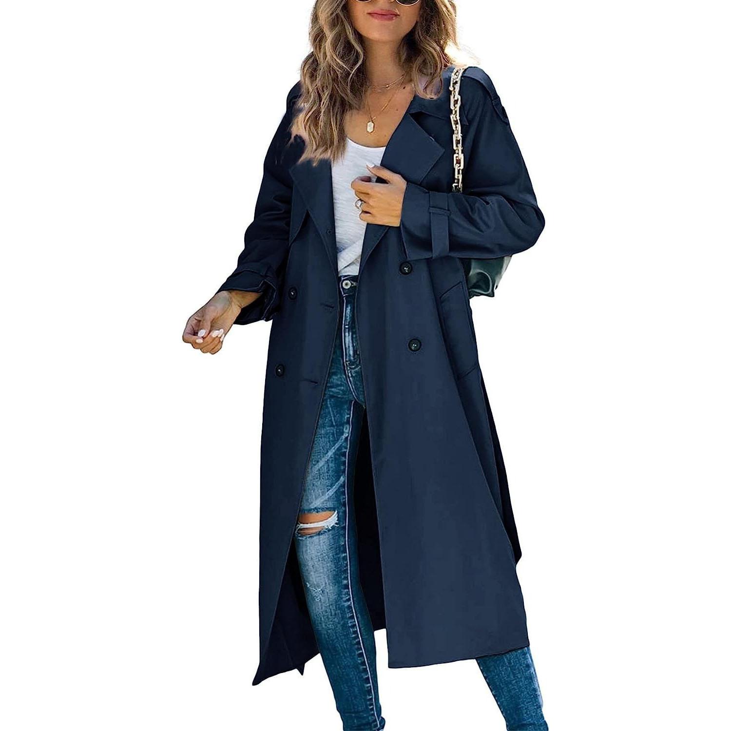 Damen Vintage Langer Trenchcoat Klassischer Zweireihiger Revers Langarm Winddichter Mantel mit Gürtel Elegante Jacken Streetwear XXL dunkelblaue