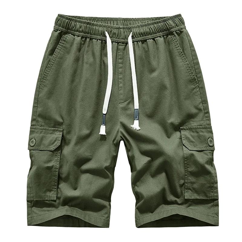 2026 Herren Baumwoll-Cargo-Shorts Herren Elastischer Bund Einfarbig Locker Lässig Shorts Herren Jogger Mehrere Taschen Knielang Kurze Hosen 30-42 M armee grüne