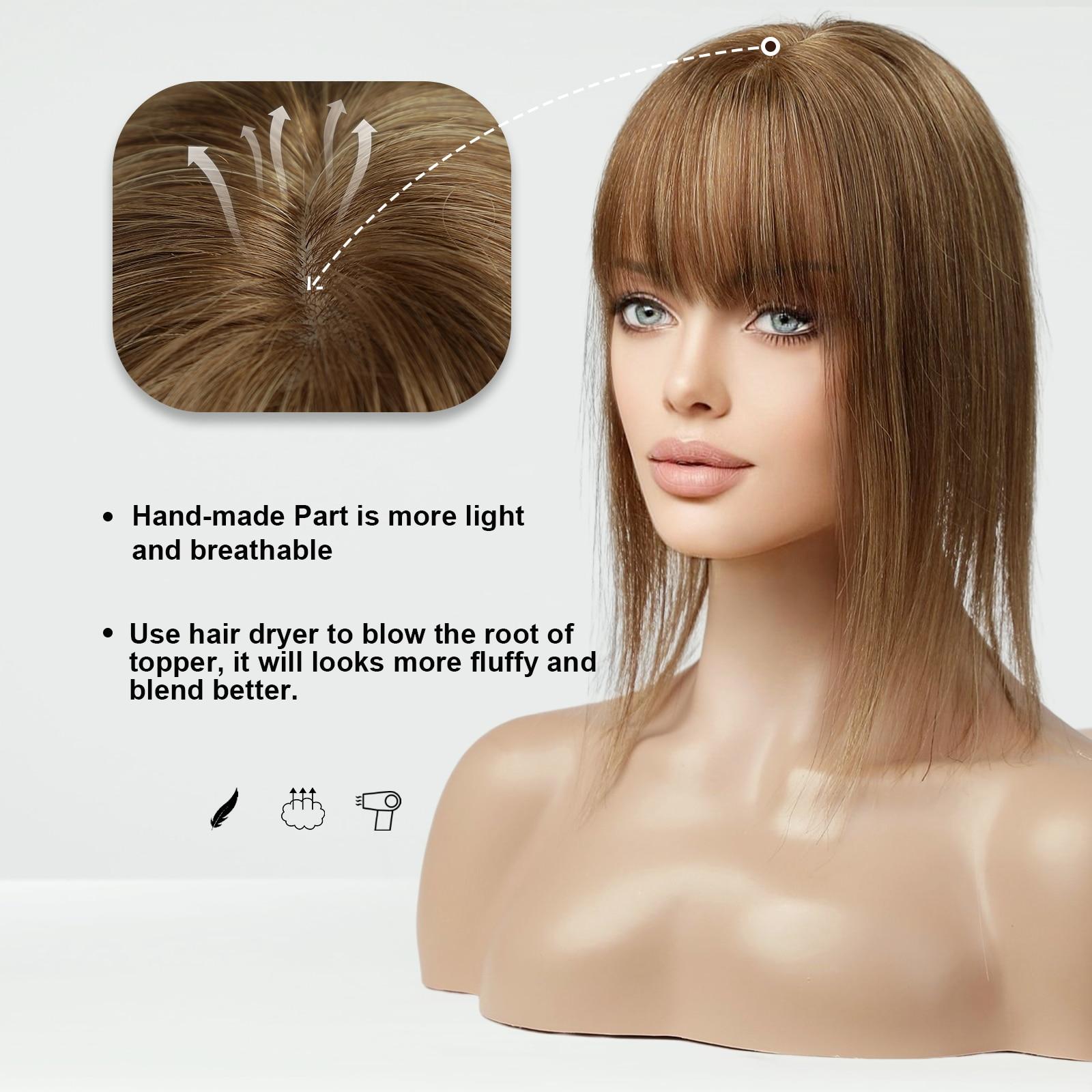HAIRCUBE 100 % Remy-Echthaar-Topper für Frauen, honigblondes Echthaar-Stück mit Pony, 150 % Dichte, Seidenbasis, Clip-in-Topper