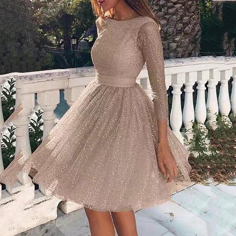 Damen Mode Langarmkleid Hohe Taille Abendkleid Cocktailkleid Damen Mode Kleider Setzen Sie Noch Einen drauf S champagner