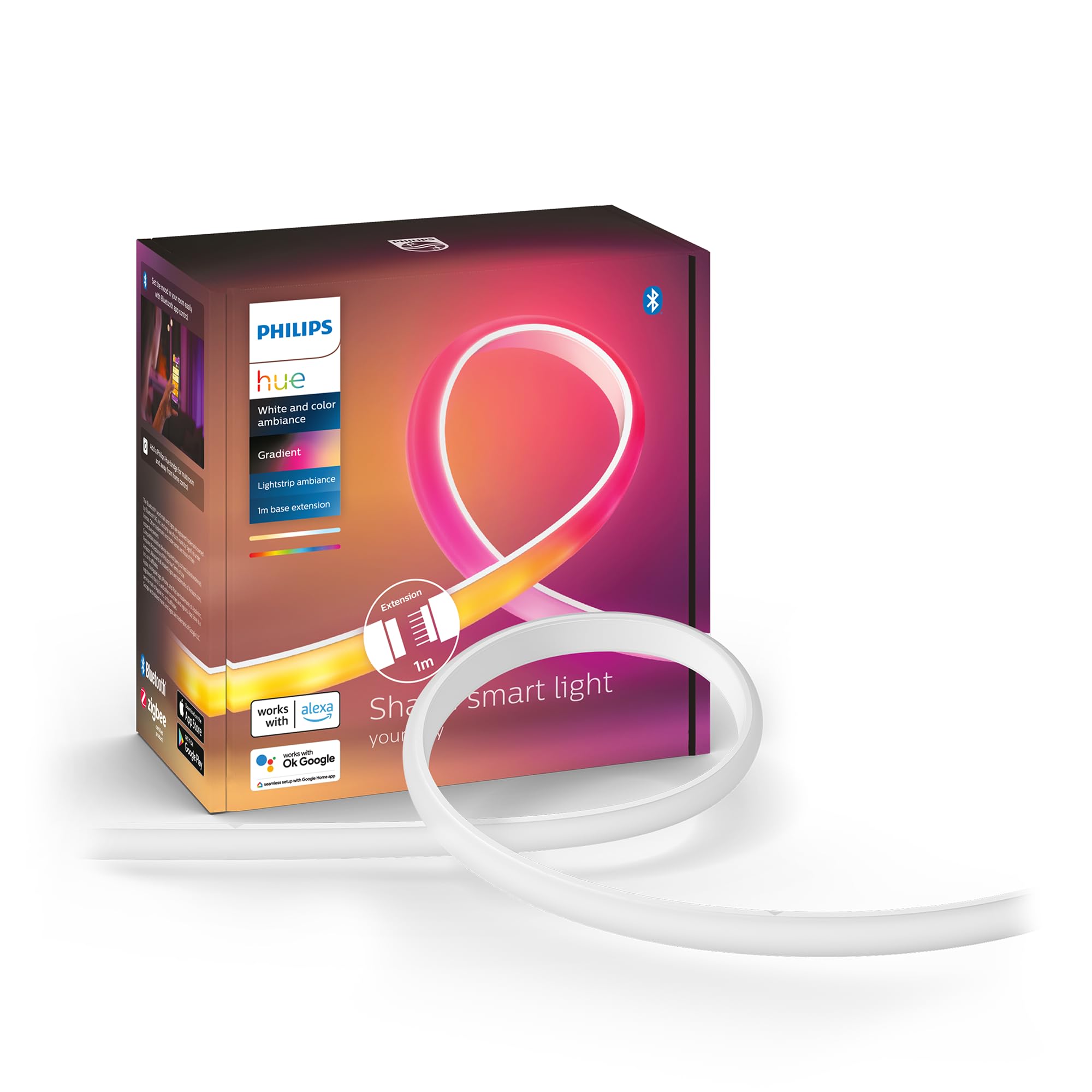 Philips Hue LED-Streifen 1m Verlängerung Smart Alexa Mehrfarbig Million Warmweiß bis Kühl Farbtemperatur Smart Home Indirekt Sprach-App Matter Kompatibel bunt