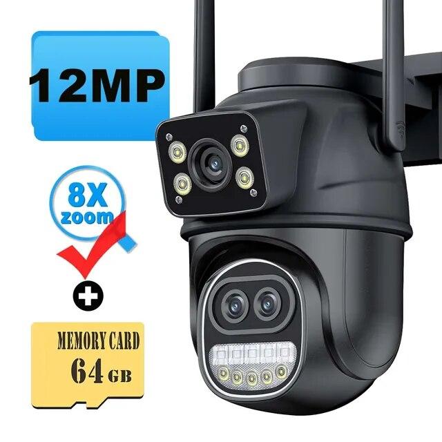 Neu 12MP 6K WiFi IP Kamera Outdoor Drei Objektiv Dual Bildschirme 8X Zoom CCTV PTZ Video Cam Auto Tracking Sicherheit schutz Überwachung 12MP 6K Add 64G