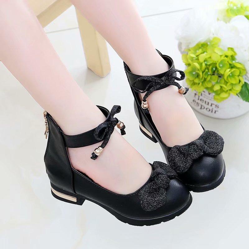 Kinder Mädchen Schuhe Leder Prinzessin Schuhe Frühling und Herbst Schwarz Rot Rosa Kinder High Heels Mode Schleife Kleine Mädchen Schuhe 27 schwarz